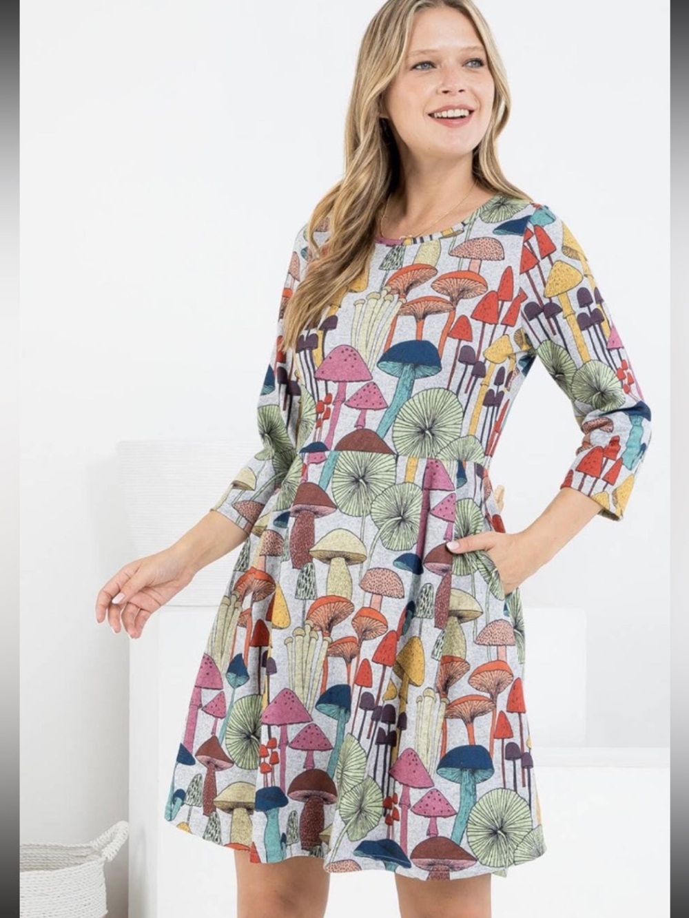 LA Soul colorful mushroom print tunic dress with 3/4 sleeves and pockets. Size M